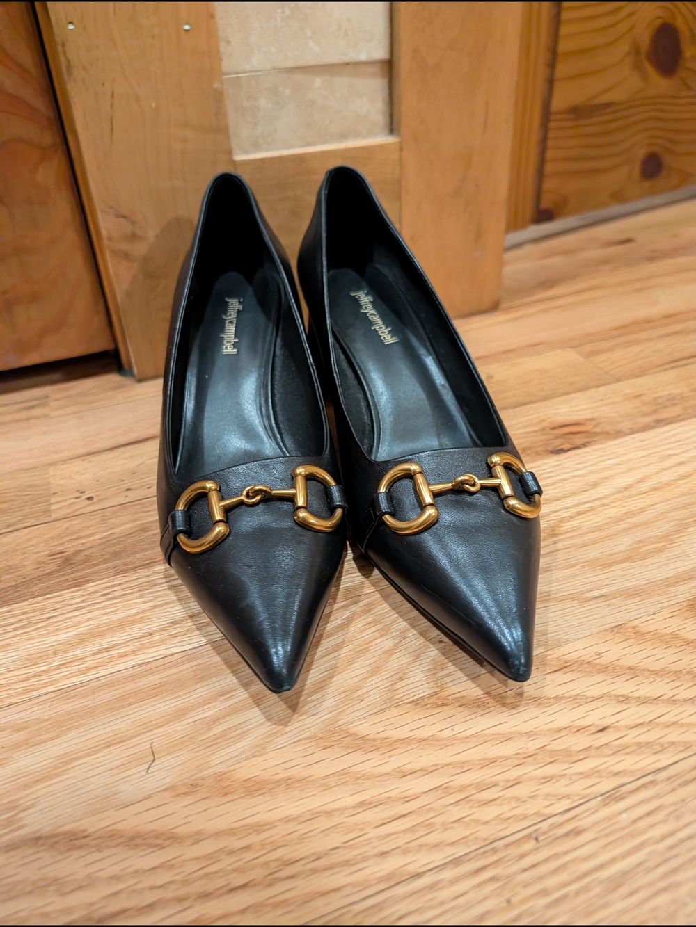 Jeffrey Campbell Black Pointed Toe Heels with Gold Bit